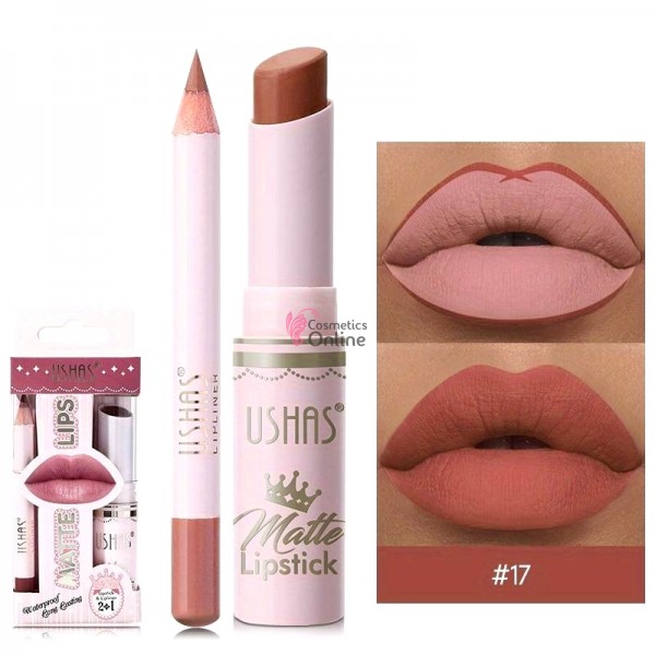 Ruj solid pentru buze 2 in1 USHAS Matte & LipLiner Cod 17 Cinnabar